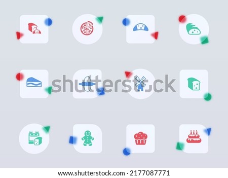 bakery glass morphism trendy style icons. bakery transparent glass color vector icon with color figures. for web and ui design, mobile apps and promo business advertising