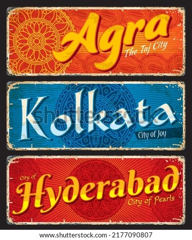 Agra, Kolkata, Hyderabad, Indian city travel stickers and plates, vector vintage signs. India cities travel retro posters, destination voyage old tin signs and luggage labels or baggage tags