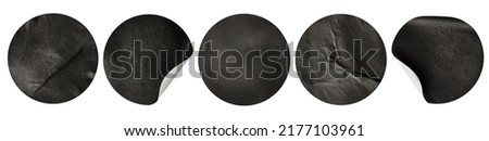 five different round black stickers in a row on a white isolated background Royalty-Free Stock Photo #2177103961
