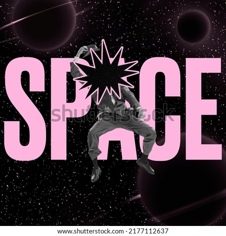 Contemporary art collage. Man with black hole instead head jumping isolated over dark space background with lettering. Concept of retro fashion, creativity, Universe