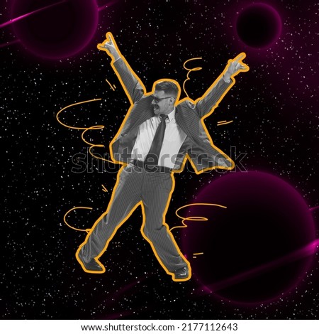 Hipster. Contemporary art collage. Dancing man in retro style costume moves isolated over dark space background. Concept of retro fashion, creativity, music, space. Copy space for ad, text.