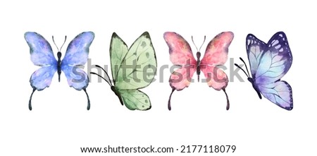 Colorful butterflies watercolor isolated on white background. Purple, green, pink and blue butterfly. Spring animal vector illustration