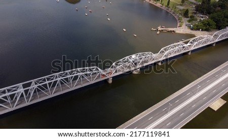 Santa Lucia Swing Bridge in Uruguay. Aerial drone view Royalty-Free Stock Photo #2177119841