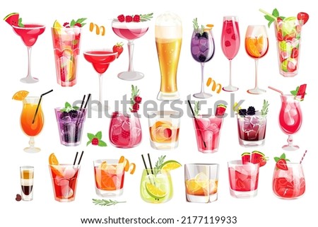 Cocktail set.Classic alcoholic beverages.Cocktails with strawberries and blackberries, margarita, Old fashion, American, Bi-52, cocktails with watermelon, a glass of beer, whiskey, Clover club. Royalty-Free Stock Photo #2177119933