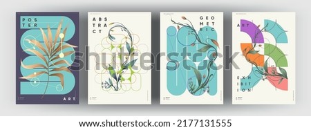 Abstract posters. Botanical banner with geometric shapes, leaves, branch and plants. Set of vector illustrations. Modern painting for interior. Royalty-Free Stock Photo #2177131555