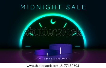Neon Midnight Sale Banner with 3D new podium for products. Yellow and blue glowing lines forming a clock with the moon as 12 midnight. Up to 50% off and more. Editable Vector Illustration. EPS 10.  Royalty-Free Stock Photo #2177132603