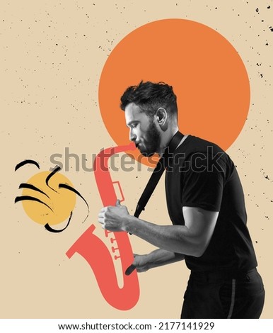 Excited man playing hand-drawn saxophone on light background. Modern design. Conceptual, contemporary art collage. Soul music, festival, ad. Retro styled, surrealism, fashionable.