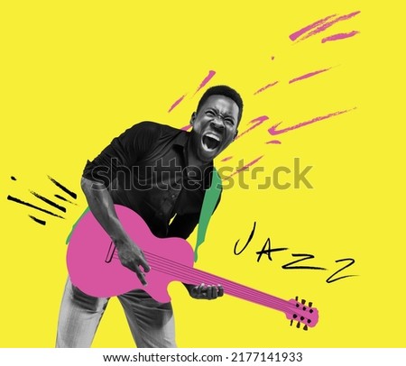 Contemporary art collage of young astonished man palying hand-drawn guitar isolated over yellow background. Music, festival, event, party concept. Concept of creativity, inspiration
