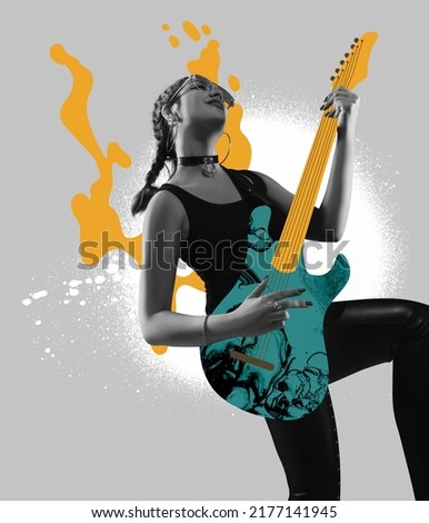 Contemporary art collage of young woman palying hand-drawn guitar isolated over light background. Music, festival, event, party concept. Concept of creativity, inspiration Royalty-Free Stock Photo #2177141945