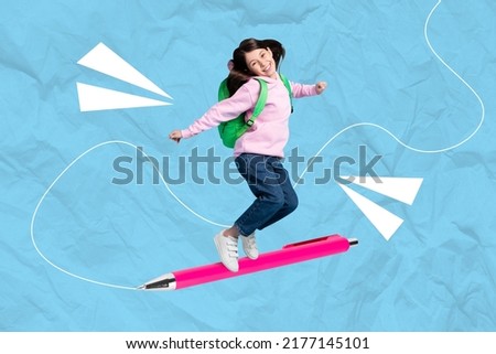 Magazine poster collage of happy school child ride pencil writing line isolated draw blue color background Royalty-Free Stock Photo #2177145101