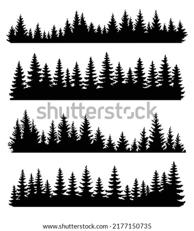 Fir trees silhouettes set. Coniferous or spruce forest horizontal background patterns, black pine woods vector illustration. Beautiful hand drawn coniferous panoramas