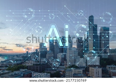 Seattle aerial skyline panorama of downtown skyscrapers at sunset, Washington USA. Artificial Intelligence concept, hologram. AI, machine learning, neural network, robotics