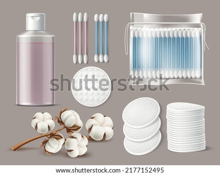 Realistic cotton wool products. Cleansing lotion bottle, cosmetic soft discs and pads, ear swabs packaging, cotton twig, hygiene products, beauty and skin care 3d elements, utter vector set Royalty-Free Stock Photo #2177152495