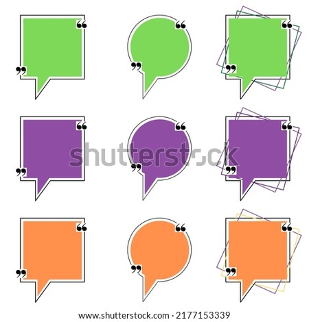 Empty komiks texting boxes. Green, Purple and Orange. Bubble and square. Quotation marks. Speech citation balloons, remark frame. Komiks fun