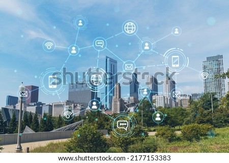 Chicago skyline, Butler Field towards financial district skyscrapers, day time, Illinois, USA. Parks and gardens. Social media hologram. Concept of networking and establishing new people connections