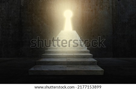Ladder leading to success behind the keyhole door in the dark room. Light and shiny growing through from key hole. Business key way to success concept Royalty-Free Stock Photo #2177153899