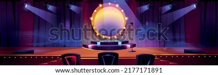 Stage for talent show with round podium, spotlights, mic and jury chairs. Vector cartoon illustration of empty scene in television studio for events, concerts, music or comedy contest Royalty-Free Stock Photo #2177171891