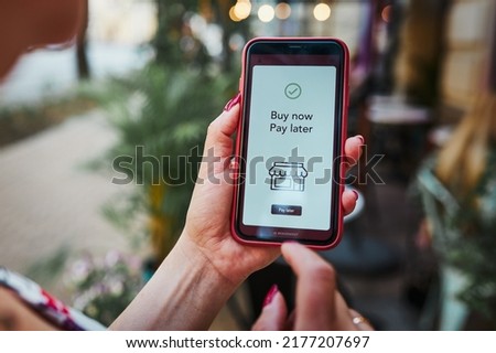 BNPL Buy now pay later online shopping service on smartphone. Online shopping. Paying after delivery. Complete the payment after purchase at no added cost. Payment after credit check. Easy way to shop Royalty-Free Stock Photo #2177207697
