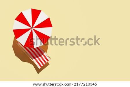 The concept of summer vacation. Top view on a sun lounger under an umbrella on the sandy beach. Copy space. 3D rendering, 3D illustration Royalty-Free Stock Photo #2177210345