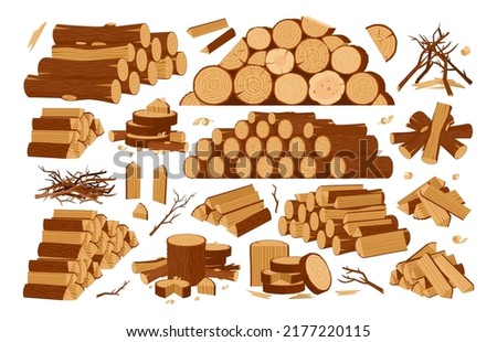 Cartoon wooden logs, firewood piles and stacked bonfire firewoods. Wood industry materials, lumber branch and twigs vector symbols illustration set. Wooden bonfire logs Royalty-Free Stock Photo #2177220115