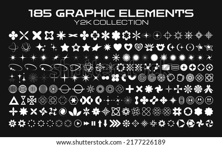 Retro futuristic elements for design. Collection of abstract graphic geometric symbols and objects in y2k style. Templates for pomters, banners, stickers, business cards Royalty-Free Stock Photo #2177226189