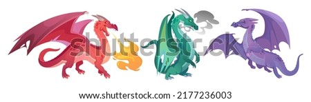 Set of flying and fire-breathing magic dragons out of fairy tales. Scary legendary creatures with wings and fire with smoke out of the mouth, characters for games. Cartoon style vector illustration.