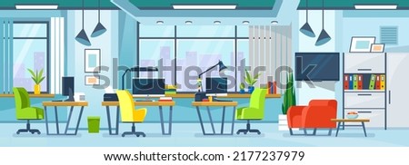 Modern office workspace interior design. Inside a neat empty co-working with workplaces: desk, computer, monitor, chair. Workstation furniture interior concept. Cartoon style vector illustration. Royalty-Free Stock Photo #2177237979