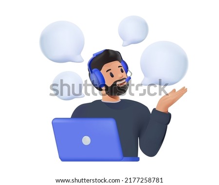 Online global technical support 24 7. 3D Smiling office operators with headsets character. Customer service, call center, hotline, customer support department staff. 3d vector people character Royalty-Free Stock Photo #2177258781
