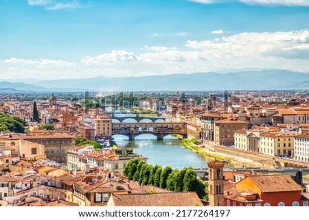Florence Aerial View of Ponte Vecchio Bridge during Beautiful Sunny Day, Italy  Royalty-Free Stock Photo #2177264197