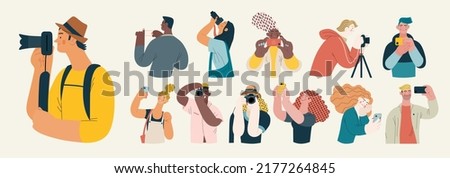People portrait - Taking photos -Modern flat vector concept illustration of a people taking photo with a phone or camera, half-length portrait, user avatar. Creative landing web page template Royalty-Free Stock Photo #2177264845