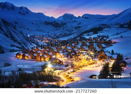 Evening landscape and ski resort in French Alps,Saint jean d'Arves, France  Royalty-Free Stock Photo #217727260