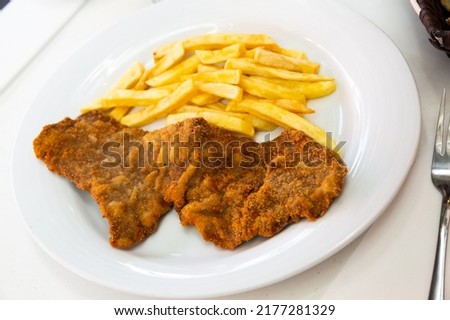 Tasty frying pork escalope served at plate with french fries, nobody