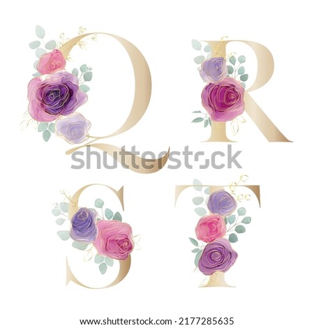 Floral Alphabet. Set letters with the botanical bouquet. Vector illustration.