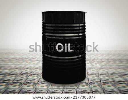 Oil drums on US dollars background. a black barrel with the inscription oil is worth dollars. The concept of earning money on the sale of oil. Royalty-Free Stock Photo #2177305877