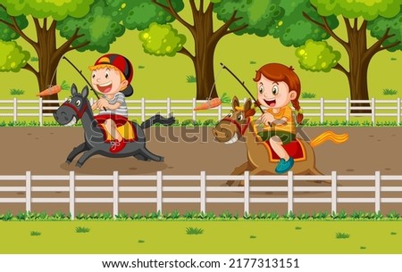 Happy children riding horses illustration