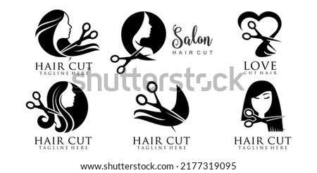logo collection A beautiful woman having her hair cut by hairdresser scissors.