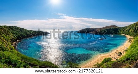 Panorama landscape of Hanauma bay in Oahu island, Hawaii Royalty-Free Stock Photo #2177320121