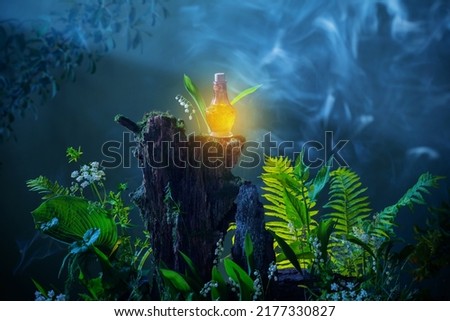 bottle of magic potions in  magical forest Royalty-Free Stock Photo #2177330827