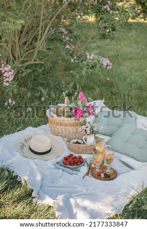 Beautiful plastic free picnic outdoors. Strawberries in bowl, lemonade, straw hat, peony flowers, pillows. 