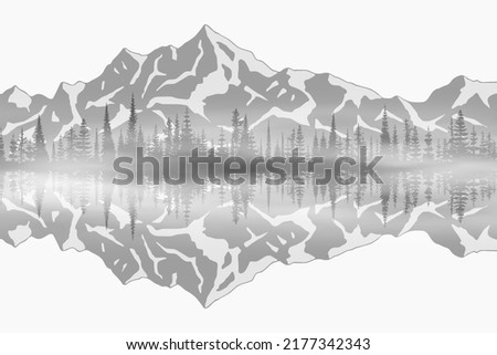 Northern nature view, black and white landscape. Reflection of mountains and forests in the lake.