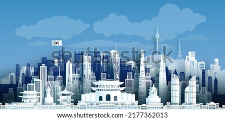 Travel landmark of Korea skyline in silhouette vector isolated cityscape panoramic architecture area, Anniversary South Korea day in seoul with Korean flag, Vector silhouette isolated style. Royalty-Free Stock Photo #2177362013