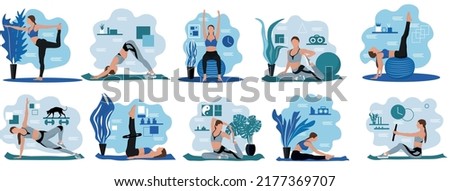 Set of sporty young woman doing pilates and yoga at home