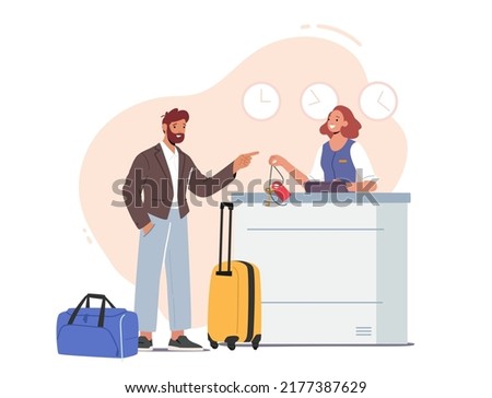 Hotel Arriving, Tourism, Business Trip Inn Service. Receptionist Character Stand at Lobby Desk Give Room Key to Businessman Guest in Hotel or Motel Reception. Cartoon People Vector Illustration Royalty-Free Stock Photo #2177387629