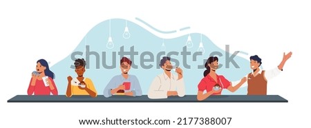 People Eating Cakes, Donuts And Ice Cream At Cafe. Men And Women Tasting Delicious Desserts And Drinking Coffee. Sweet Tooths Characters Enjoying Sugar Food and Meals. Cartoon Vector Illustration Royalty-Free Stock Photo #2177388007