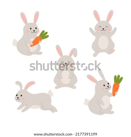 Cute rabbit or bunny holding carrot, flat vector illustration isolated on white background. Set of cartoon animal characters for kids. Easter and spring concepts. Rabbit in different poses.