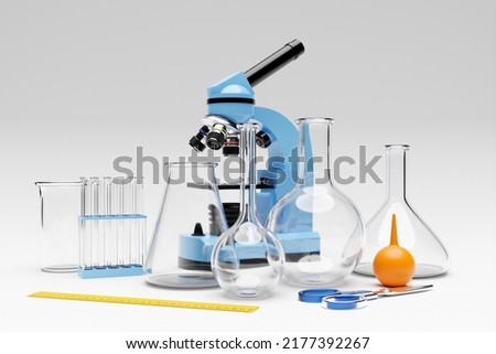3d illustration of a set of laboratory instruments and a microscope. Chemical laboratory research on a white background