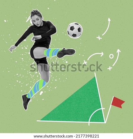 Energetic female soccer player playing football over light background with drawings, sketches. Sport, achievements, media, betting, news, ad and technology. Creative artwork