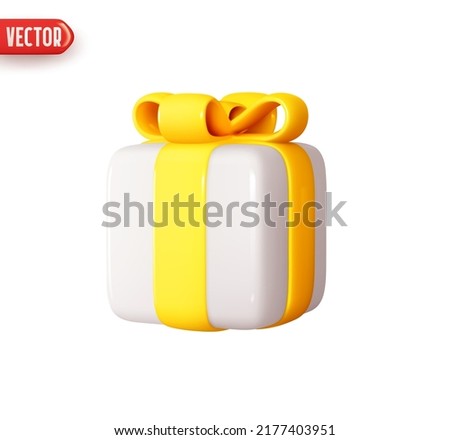 Gift box. Square gift surprise. Decor for birthday, Christmas and new year. Realistic 3d design In plastic cartoon style. Icon isolated on white background. Vector illustration
