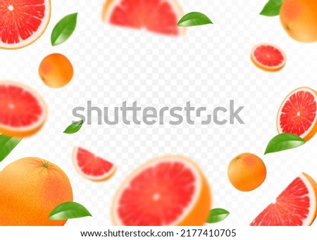 Realistic 3d flying grapefruit. Falling grapefruit on transparent background. Fruit citrus background. Isolated whole and pieces of juicy fruit with leaves . Focused and blurry objects. Vector seamles Royalty-Free Stock Photo #2177410705