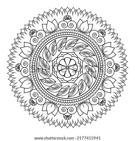 Mandala with flowers, leaves and curls on a white background. Anti-stress coloring book for children and adults. Decorative element for design